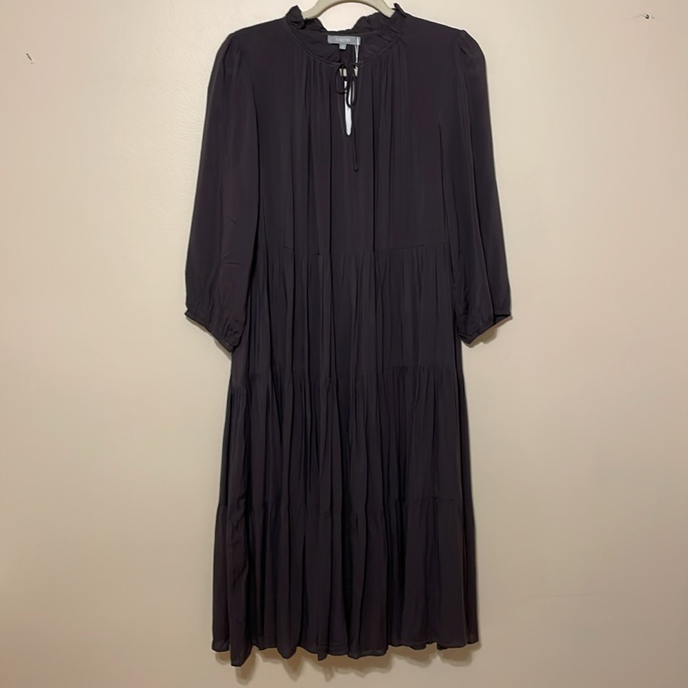 100% Rayon Charcoal Ruffle Neck Tiered Midi Dress